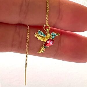 Gold Hummingbird thread drop earrings with pink and Blue Accents great gift new